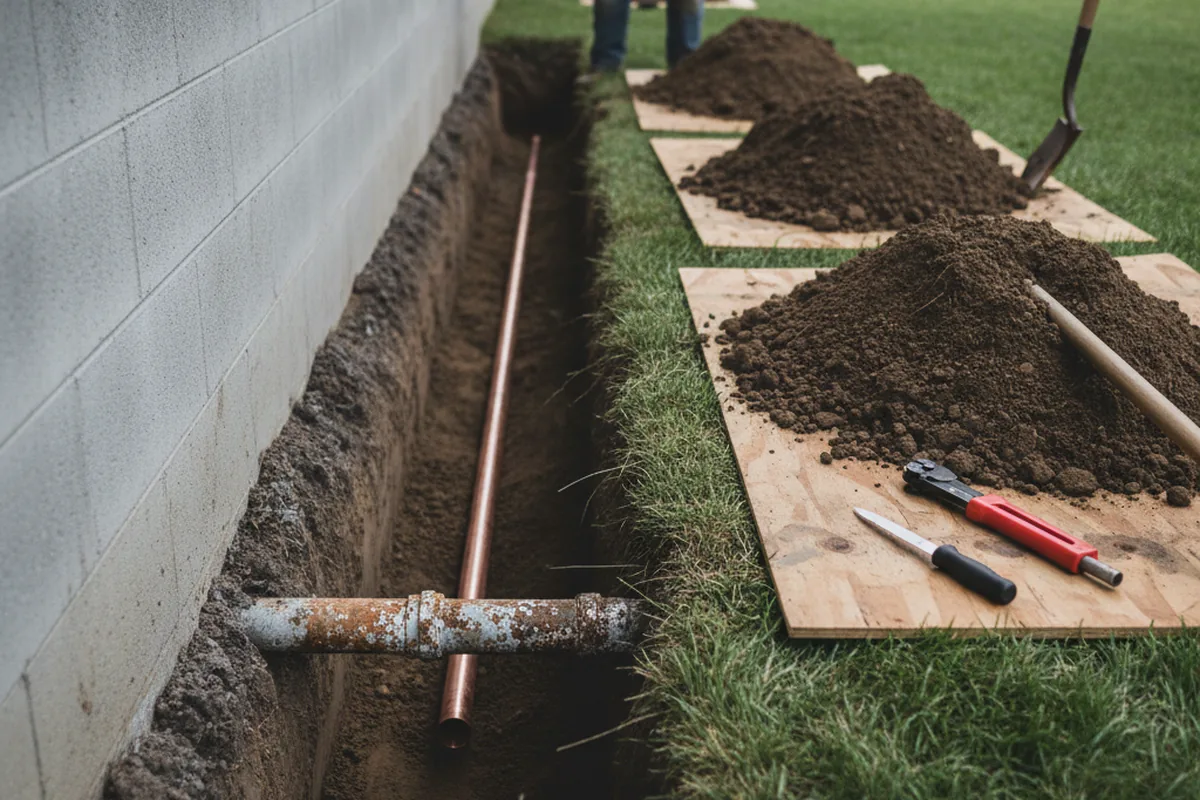 Excavated water line trench during Sewer Line Repair in Alexander